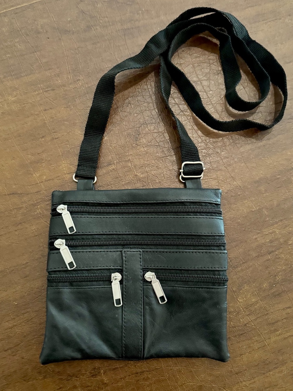Black Leather Multi-Zip Crossbody Bag 5 pockets with belt loop silver hardware